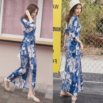 2022 Summer Bohemian V-neck Slit Beach Long Dress Women's Korean Style Waist Slimming Seaside Vacation Dress