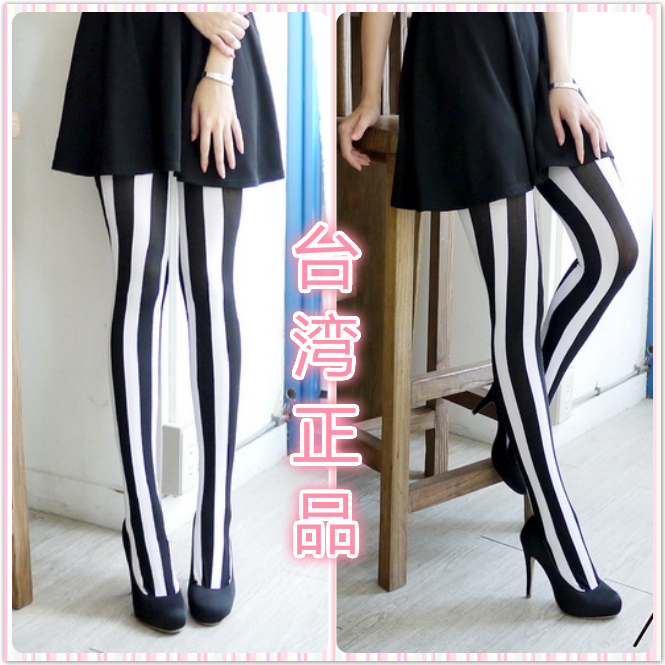 Rock and Roll, Cute, Unique, Super Slimming, Popular Pantyhose - Black and White Vertical Striped Stockings, Women's Summer, Free Shipping