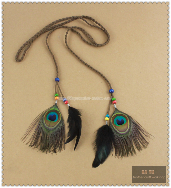 Dy Original Ethnic Bohemian Peacock Feather Wooden Bead Hair Rope Hairband Belt Special Price 