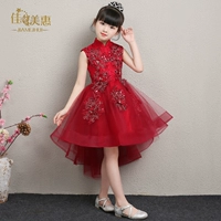 Đầm trẻ em váy đỏ cô gái nhỏ trailing công chúa váy bé trang phục mẫu catwalk dạ hội mùa hè váy dài tay bé gái