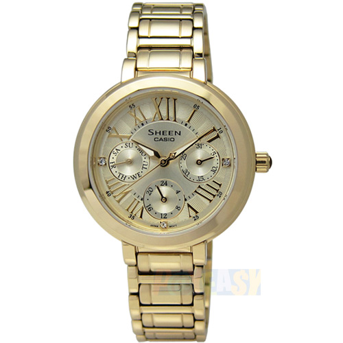 CASIO Sheen施华洛世奇水晶三环镀金不锈钢腕表 金色 34mm