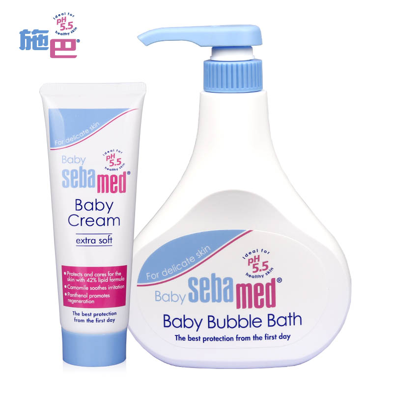 德国进口Sebamed施巴弱酸性婴儿泡泡沐浴露500ml +护肤霜免冲水