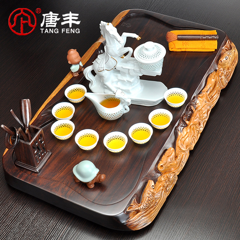 Tang Feng sheet edge carved ebony wood tea tray tea sets of violet arenaceous black pottery kung fu tea set TF - 4284