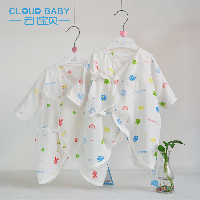 云儿宝贝纯棉双层纱布新生婴儿系带连体哈衣蝴蝶衣爬服薄春秋