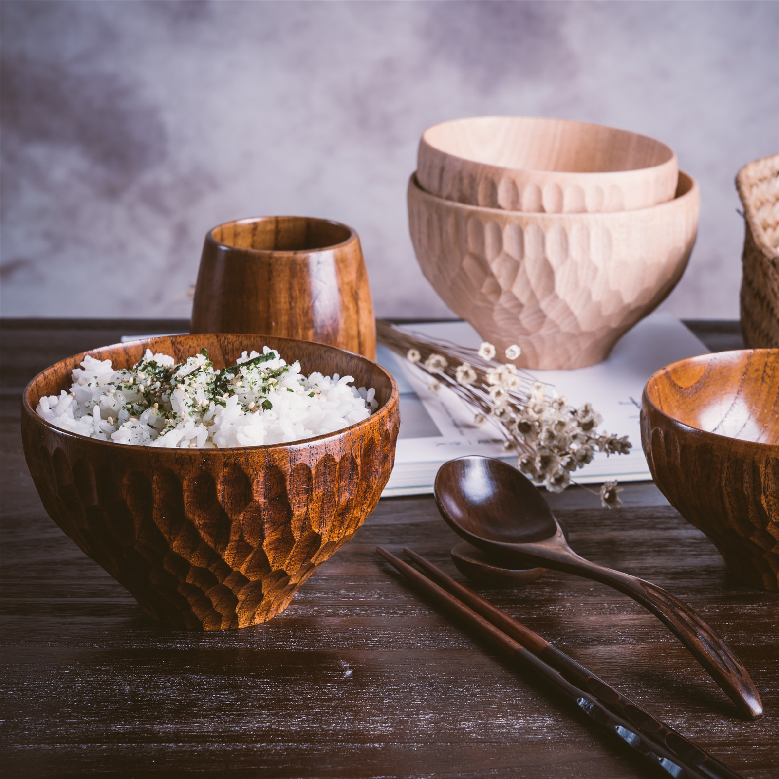 Ruosu Life Creative Japanese Household Wooden Tableware Chinese Style Rice Bowl Drinking Soup Bowl Round Bowl Small Vegetable Bowl Set