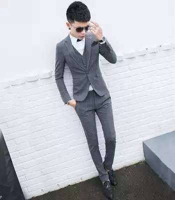 Plaid suit suit men Korean version of self-cultivation three-piece youth British leisure groom wedding best man suit New Tide