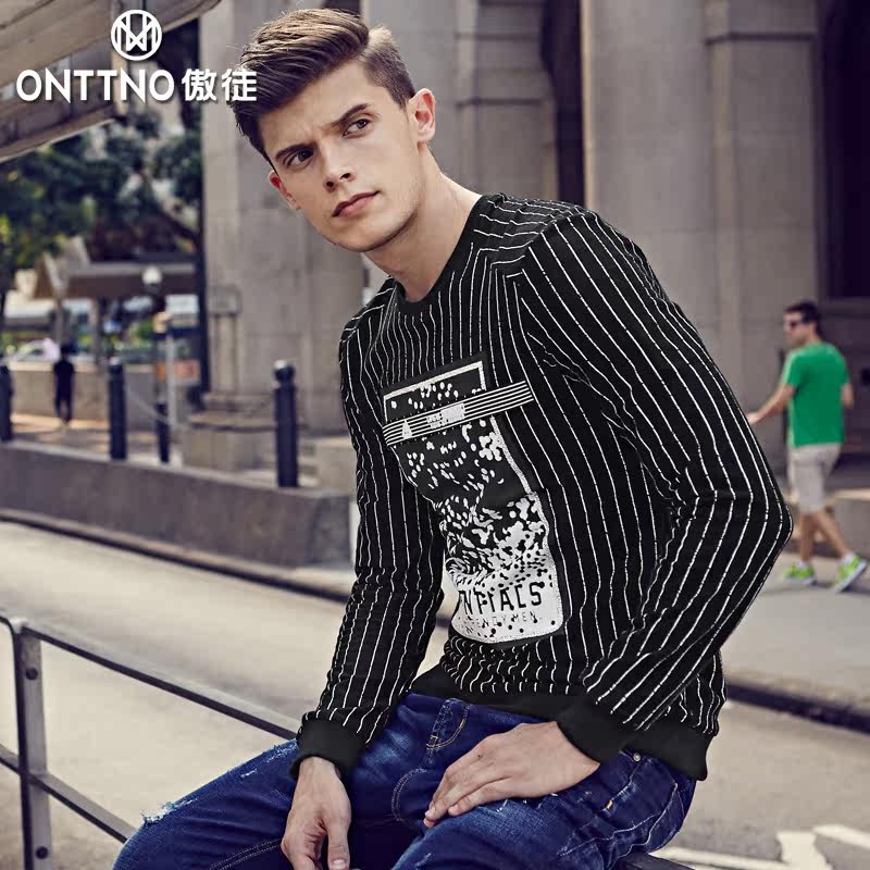 黑白撞色条纹长袖男T恤潮流 傲徒秋装新款青年圆领修身印花体恤衫
