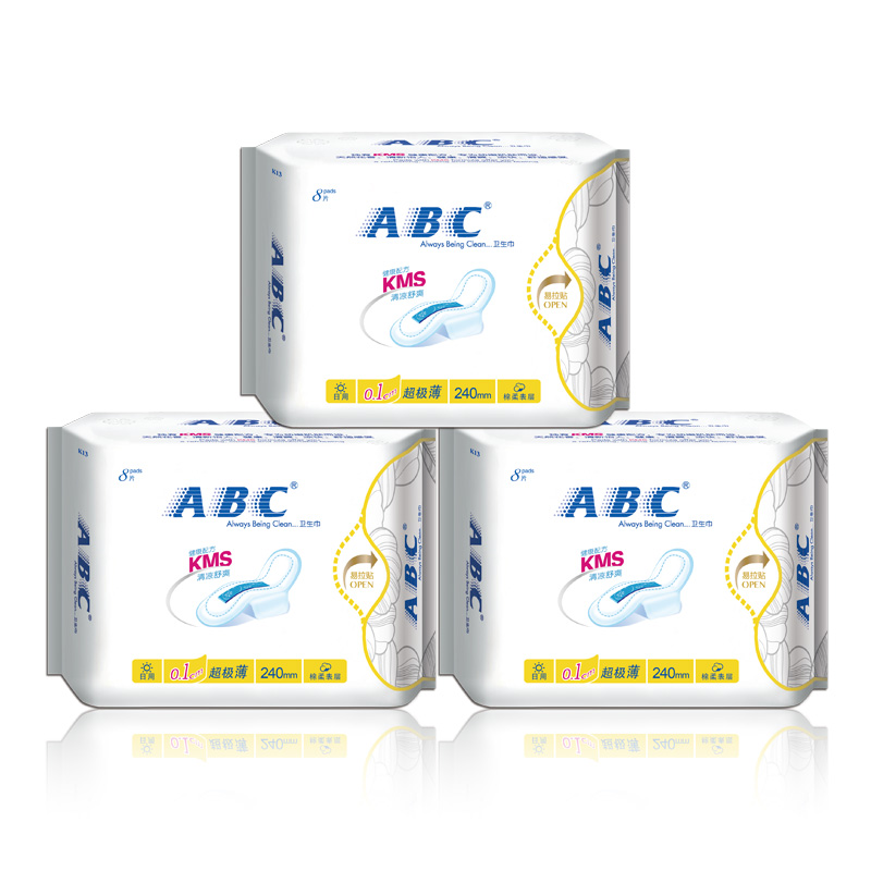【天猫超市】ABC卫生巾 超薄0.1cm纯棉柔日用8片装 健康清凉K13*3