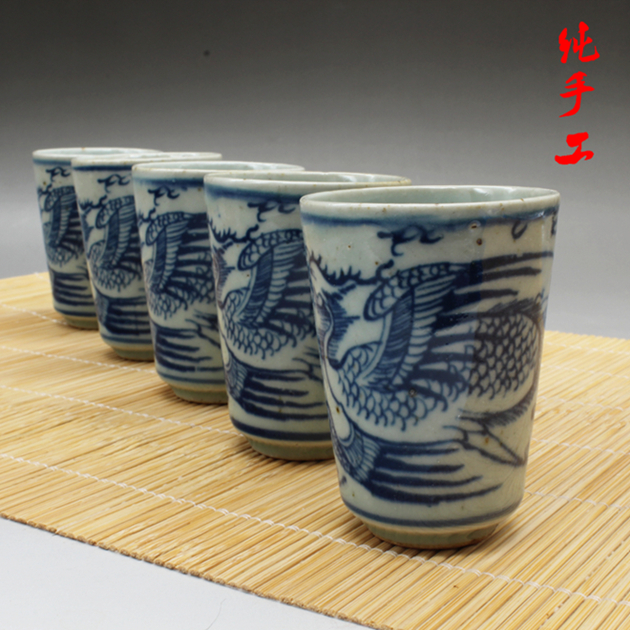 Qing Guangxu folk kiln blue and white phoenix pattern small wine cup tea cup (pair) antique antique porcelain antique