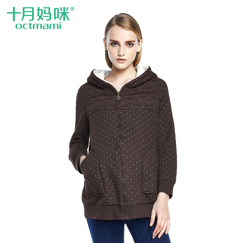 十月妈咪 时尚新款孕妇冬装长款孕妇棉衣棉服 波点连帽上衣外套