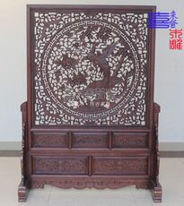 напольная ширма 东阳木雕落地屏风 中式实木浮雕屏风双面雕花 客厅移动镂空屏风 OTHER