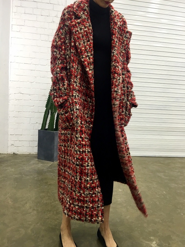 European and American Big-Name Imported Wool Woven Small Fragrant Tweed Lapel Silhouette Long Outwear Elegant Autumn and Winter Outwear