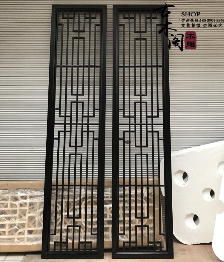 New Chinese style Dongyang wood carving solid wood flower grid background wall Japanese grille porch antique partition door window flower carving