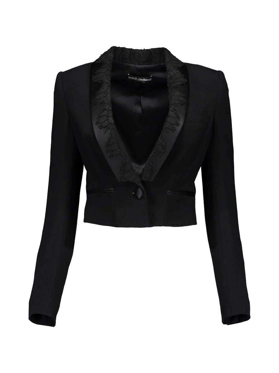 Dolce&Gabbana 黑色青果领蕾丝边饰短款外套