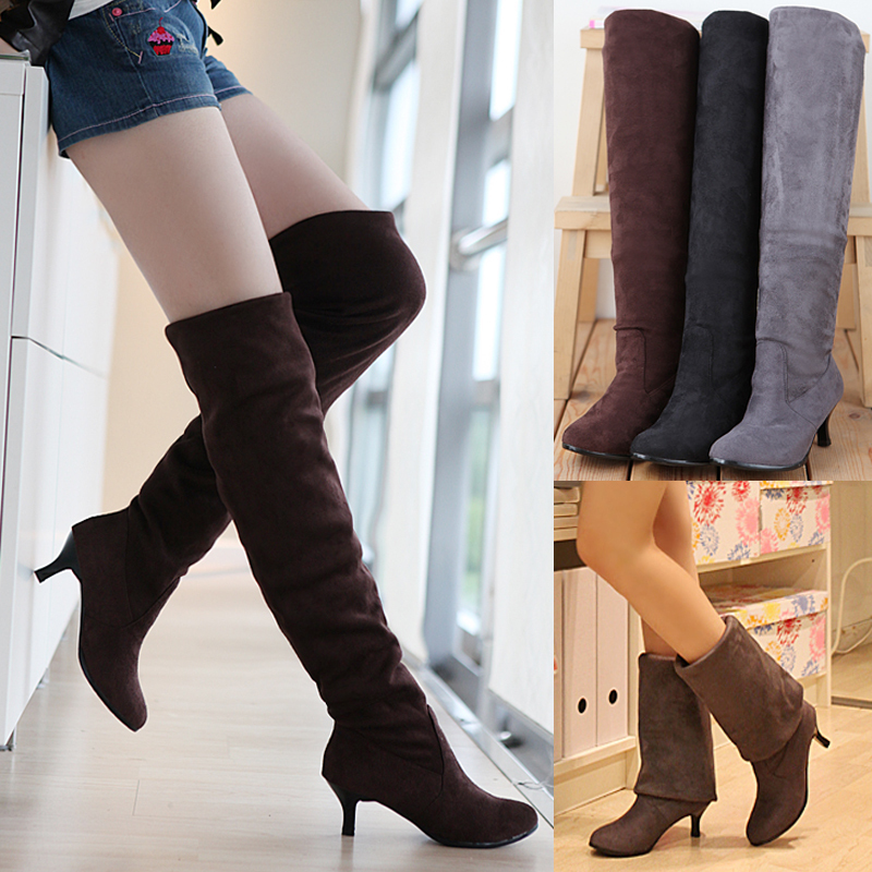 Autumn and Winter Women's Boots New Arrivals Single Boots Sweet Matte Stiletto Long Boots Mid-Heel Elastic Leg-Enhancing Boots Over-The-Knee High Boots Plus Size