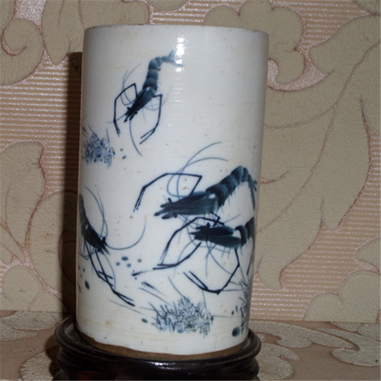 Republic Green Flowers Full-Hand Painted Shrimp Drawings Pen Holder Antique Ancient Play Imitation Antique Pendulum Pieces Porcelain Collection Pendulum