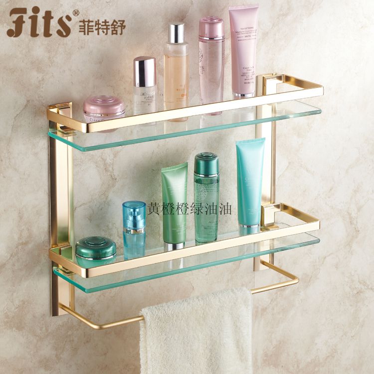 Golden Bathroom Mirror Front Shelf Wall-mounted Makeup Room Double glass rectangular Cosmetic Rack Towel Rack Monolayer