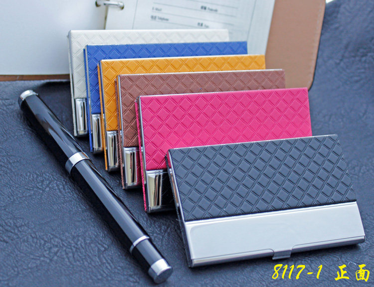 Hongchuang Checkered Faux Leather Business Card Case Men's and Women's Chocolate Business Card Holder Ultra-thin Stainless Steel Card Case