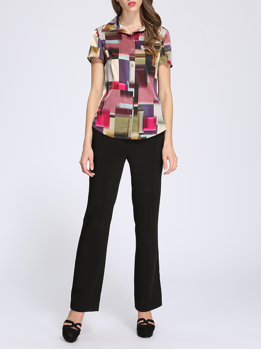 THEOPHILE 彩色几何花纹饰短袖桑蚕丝衬衫