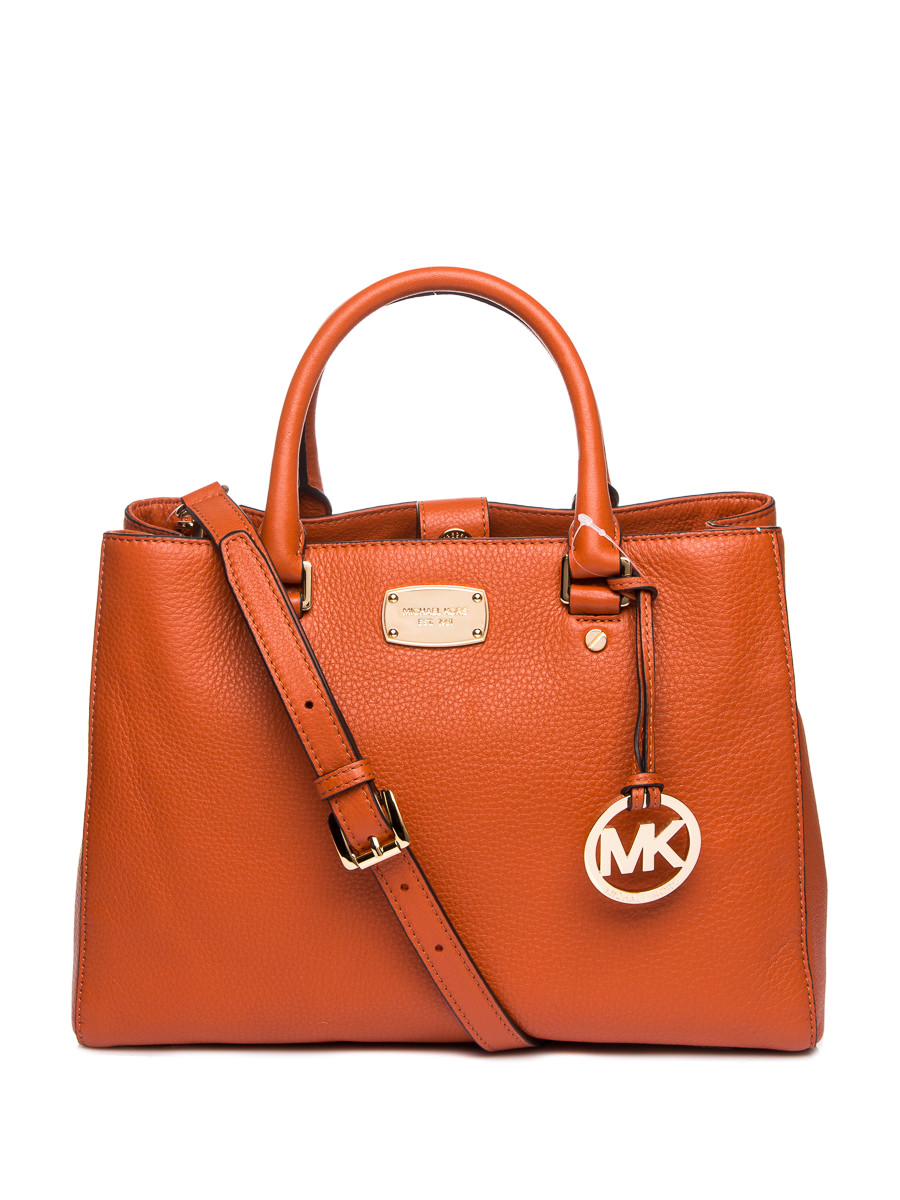 Michael Kors BEDFORD系列橙色荔枝纹金属铭牌手提肩包