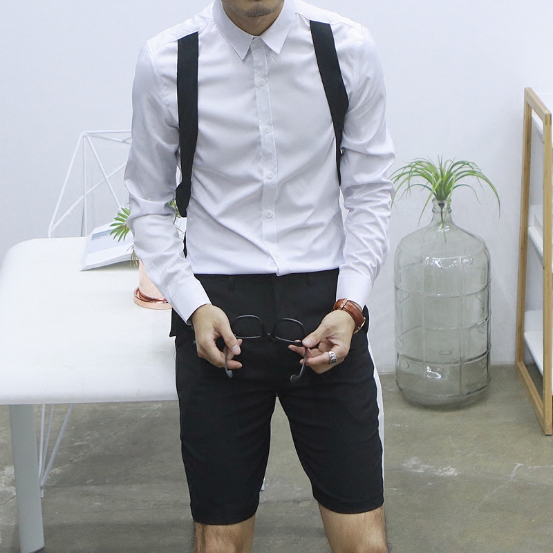 秋季新款走秀款背带衬衫男长袖修身发型师男装韩版男衬衣时尚潮流