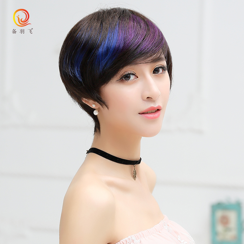 备羽飞 真发假发女 夜场假发套挑染假发真发套手织顶心斜刘海发套