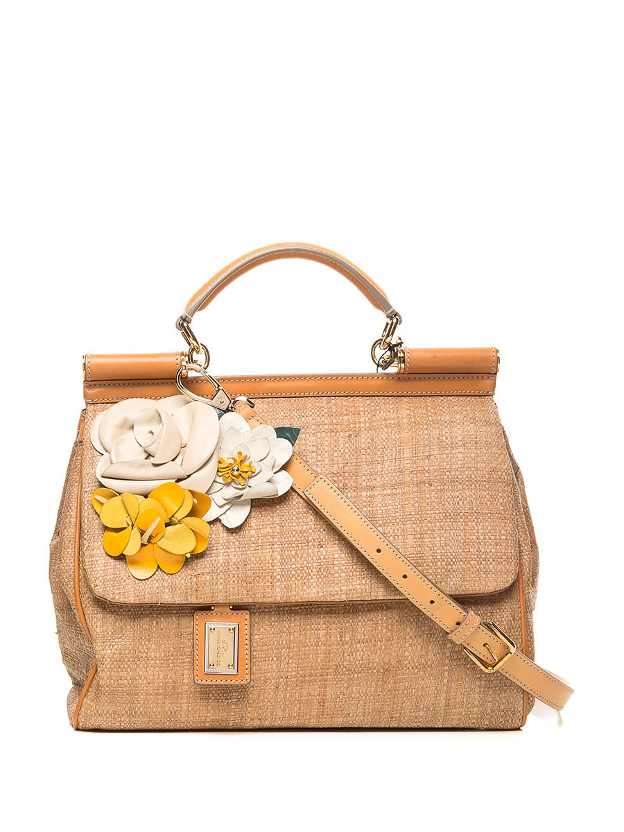 Dolce&Gabbana 杏棕色草编纹立体黄白花饰翻盖手提肩包
