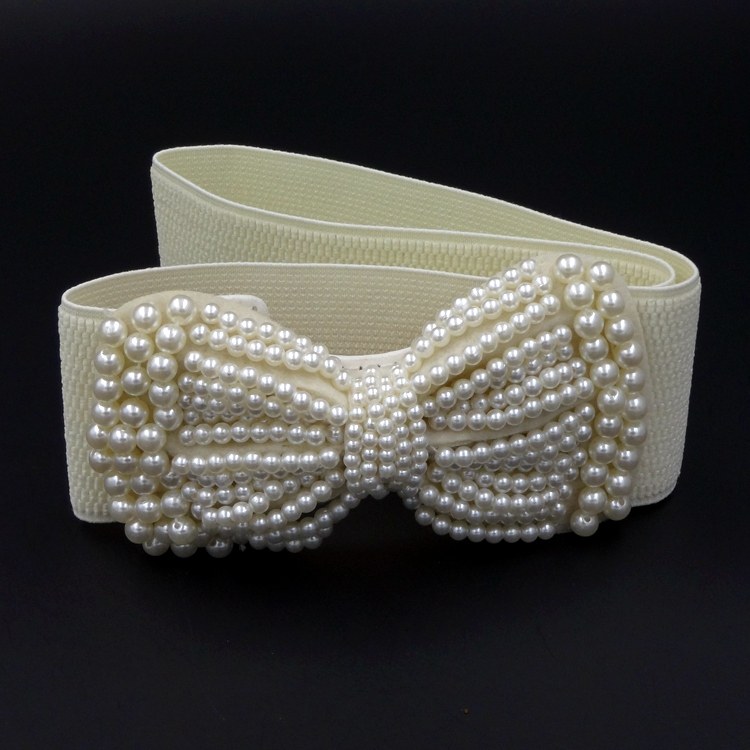 Butterfly knot white pearl fashion lace decoration 100 hitch wide belt female Korean version tightness waist seal foreign dress accessories