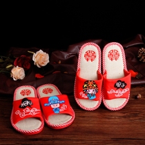 Wedding slippers summer Red Wedding men and women slippers wedding wedding couple couple new linen slippers