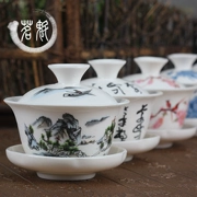 Nắp bát trà chén lớn màu xanh và trắng Bộ bát trà bằng gốm sứ ba bát Jing tea cup tay nồi sứ trắng sứ sứ đặc biệt