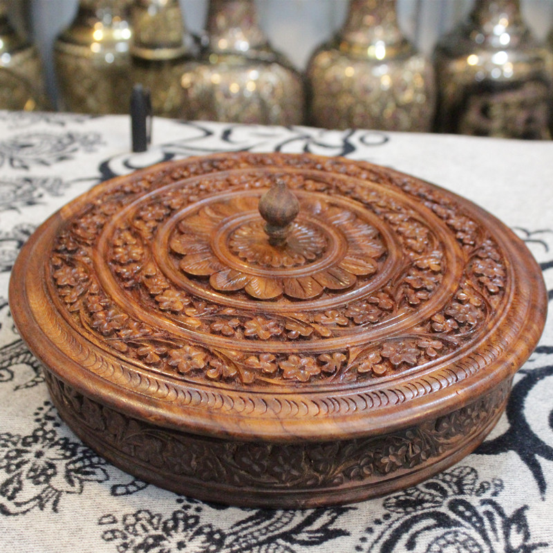 Pakistan walnut wood 10-inch three-dimensional carved vintage with lid dried fruit candy box factory direct BM51