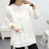 Pregnant women shirt Spring and Autumn new doll collar White fashion base shirt long sleeve loose cotton Korean top