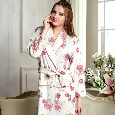 Bathrobe female spring and autumn knitted cotton long-sleeved female nightgown Japanese lace nightgown extended sexy yukata spring and autumn