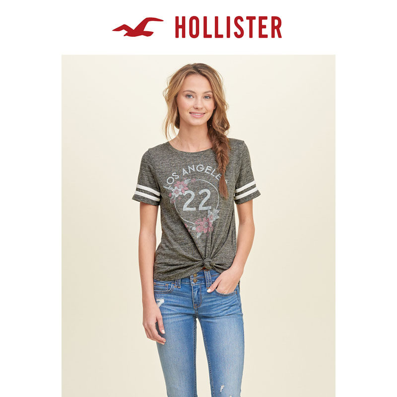Hollister 2016春装新款条纹袖图案 T 恤 女 119993