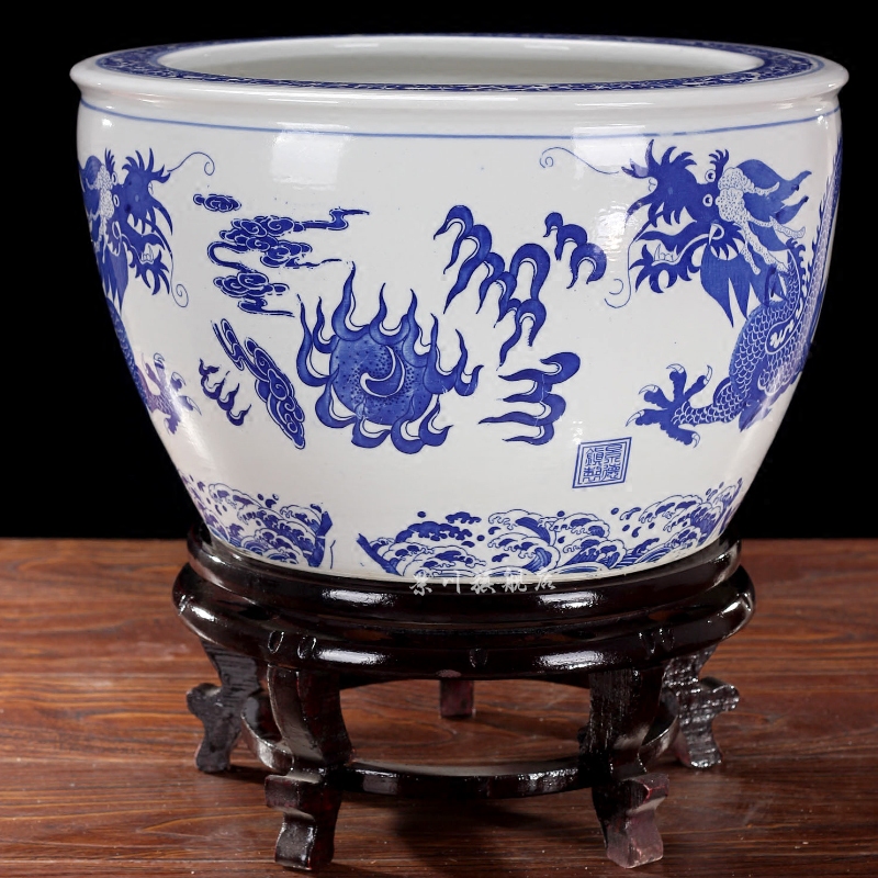 Jingdezhen ceramics brocade carp goldfish bowl water lily blue and white porcelain dragon lotus tortoise cylinder household adornment furnishing articles