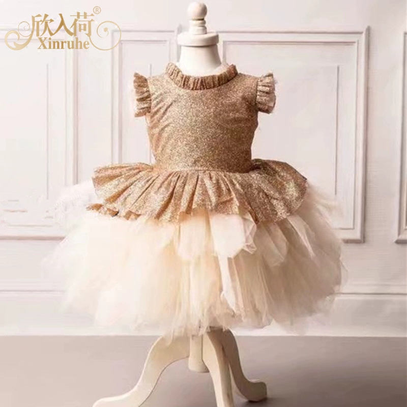 Xin Ruhe Children Short Sequin Gold Uy tín Trang phục Trang phục Công chúa Dress Tutu Piano Show - Váy trẻ em