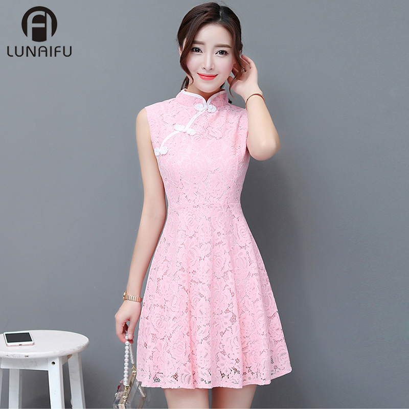 Summer cheongsam, lace dress, sleevless, A-line, slim fit