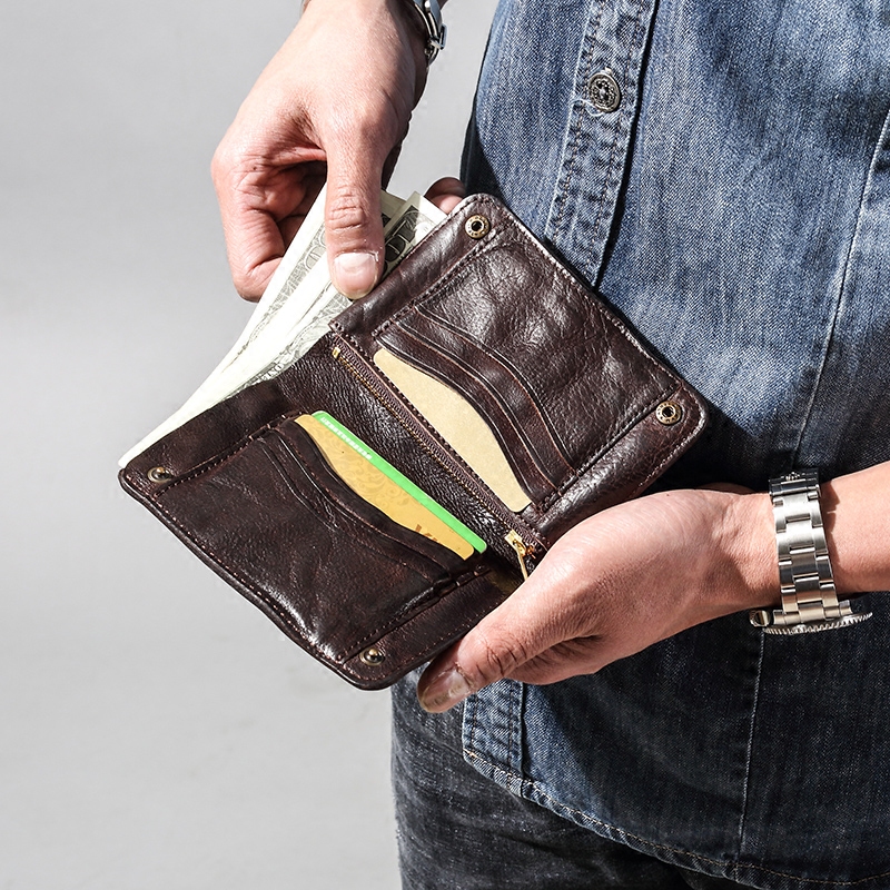 Retro wallet men's short leather old original youth men's wallet vertical snap button full cowhide wallet tide