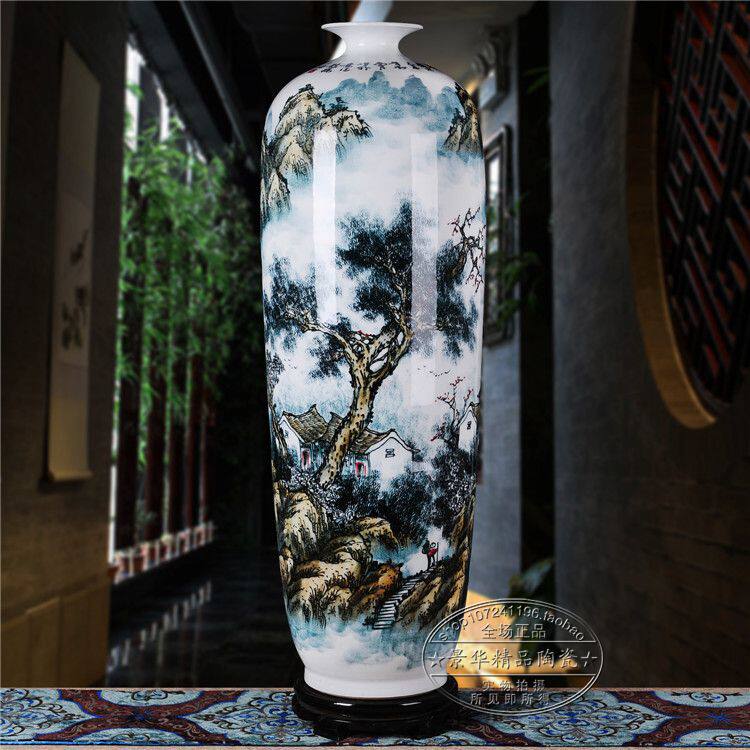 Jingdezhen pottery vase hand-painted floor-to-ceiling living room large ornament Kiln-turned blue and white feng shui bottle 1 1 m