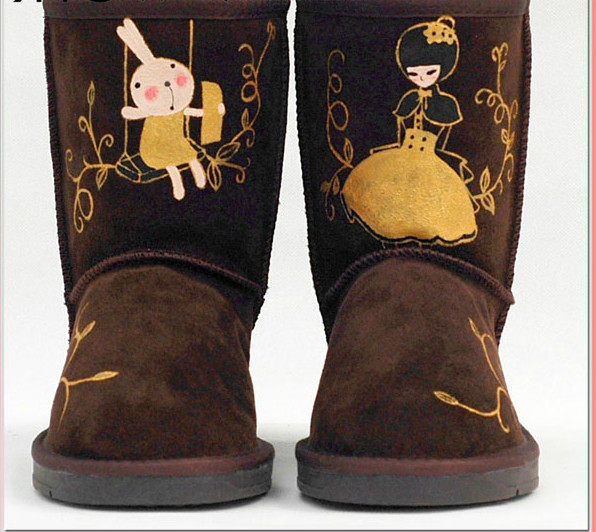 Hand-drawn snow boots Winter Han tide leather tube bottom waterproof thickening thin skinny boots graffiti snow boots