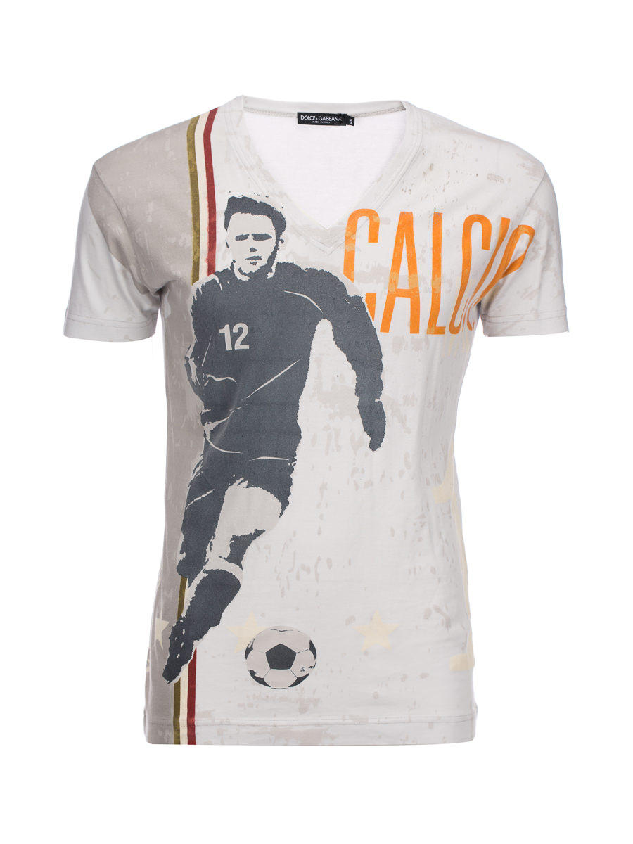 Dolce&Gabbana 米色人像印花V领短袖T恤