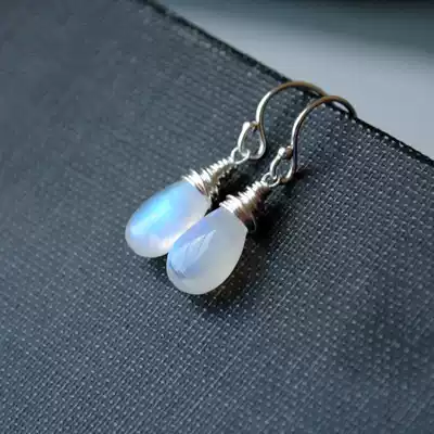 Bottom△American hand-made limited edition special beautiful water drop type glitter rainbow moonstone earrings