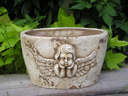 Mediterranean style coarse pottery flowerpot made old Beige vintage Angel Dream Oval flower vase