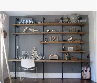 American Country Loft Iron Retro Solid Wood Partition Desk Wall Hanging Line Bookshelf Creative Display Frame