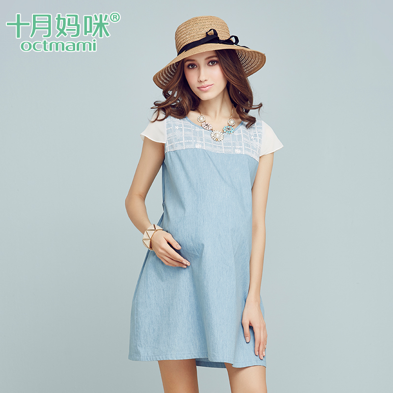 十月妈咪孕妇蕾丝连衣裙 时尚孕妇装夏季孕妇牛仔裙 短袖拼接裙子