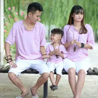 Real shot summer thin cotton and linen parent-child outfit a family of three short-sleeved T-shirt loose large size 2021 new