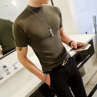 Spring and Autumn Half High Neck Men's Short Sleeve Knit Fashion Men's T-Shirt Korean Slim Stretch T-Shirt base shirt Men