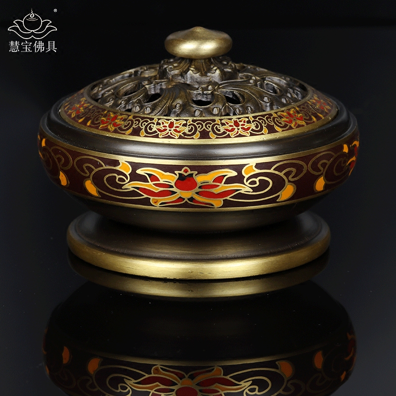 Ancient enamel color plate incense burner pure brass incense supplies round copper stove tea room living room for incense utensils incense supplies