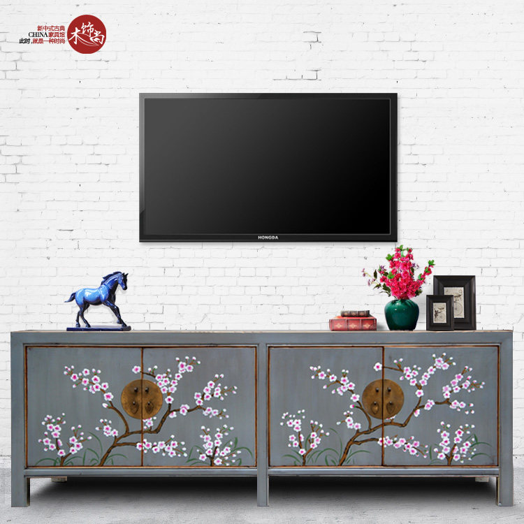 Wood decorated with new Chinese style TV cabinet Retro living room Decorative Cabinet Plum cabinet made of old hand painted fields Imitation Ancient Cabinet Shoes Cabinet