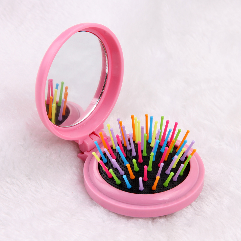 Children's adult rainbow mini-flip curl hair massage comb creative portable folding makeup mirror